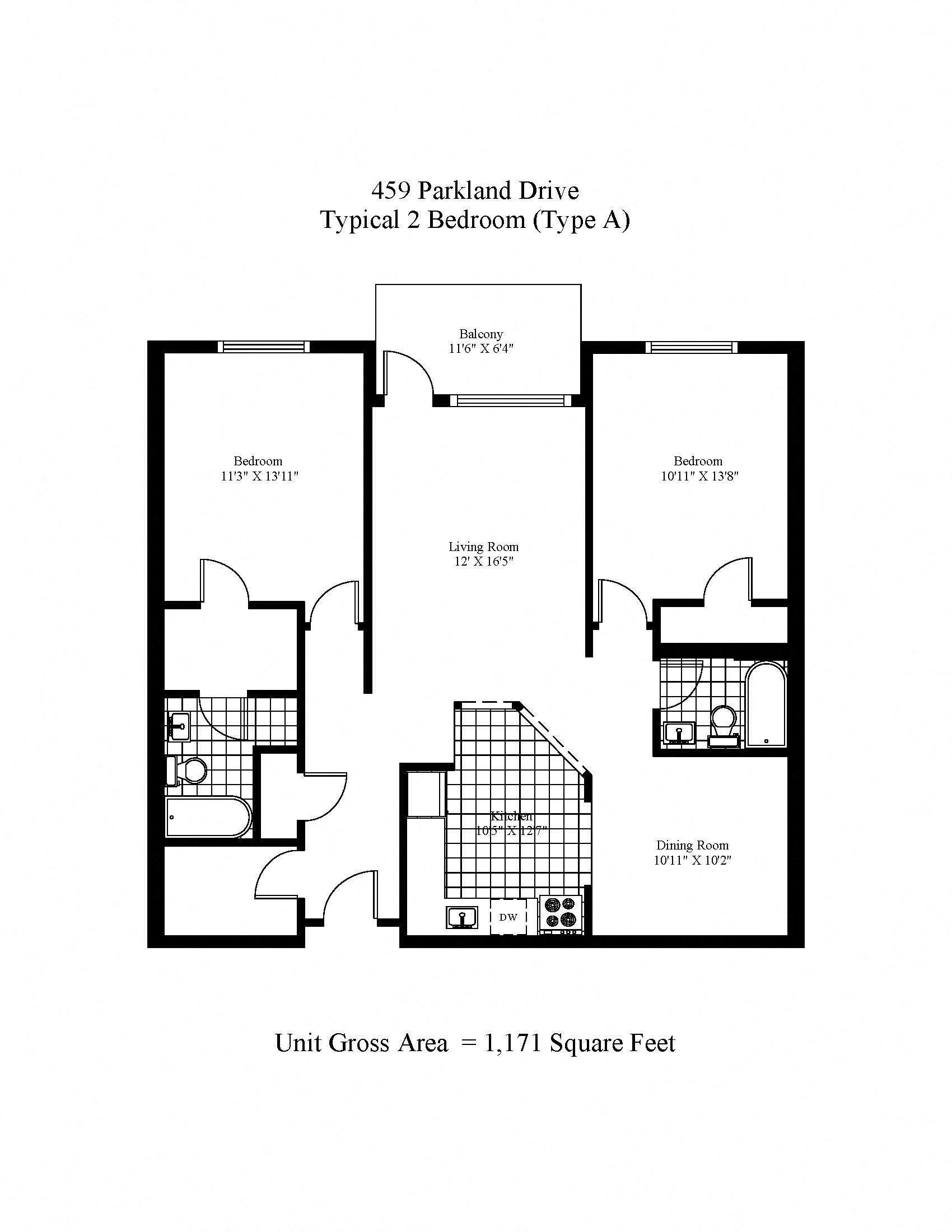 Floor plan for 2 beds, 1 bath, 1171 sqft